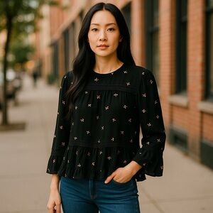 Anthropologie Black Blouse with Pink Accents